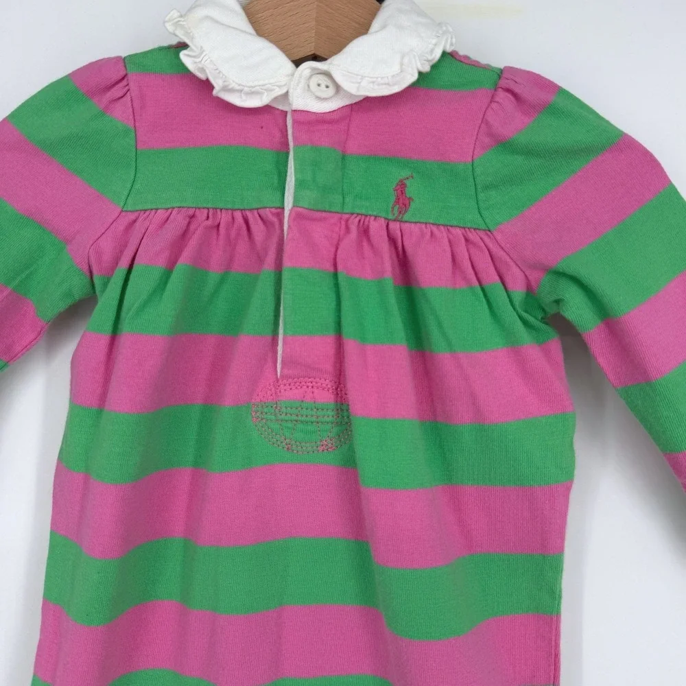 Ralph Lauren‎ Baby Pink Green Striped Romper Ruffle Collar Embroidered Pony 6 M